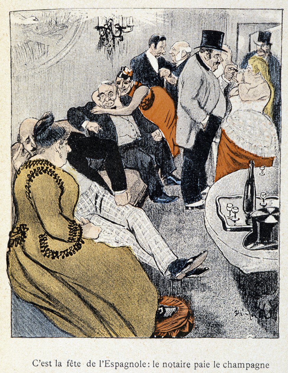 Filles et Marlous：这是西班牙人的盛宴：公证人支付香槟 - 在“Dans la vie”中，Steinlen 1901 年（与第 27695 号图纸相同） 作者 西奥菲勒·亚历山大·斯坦伦