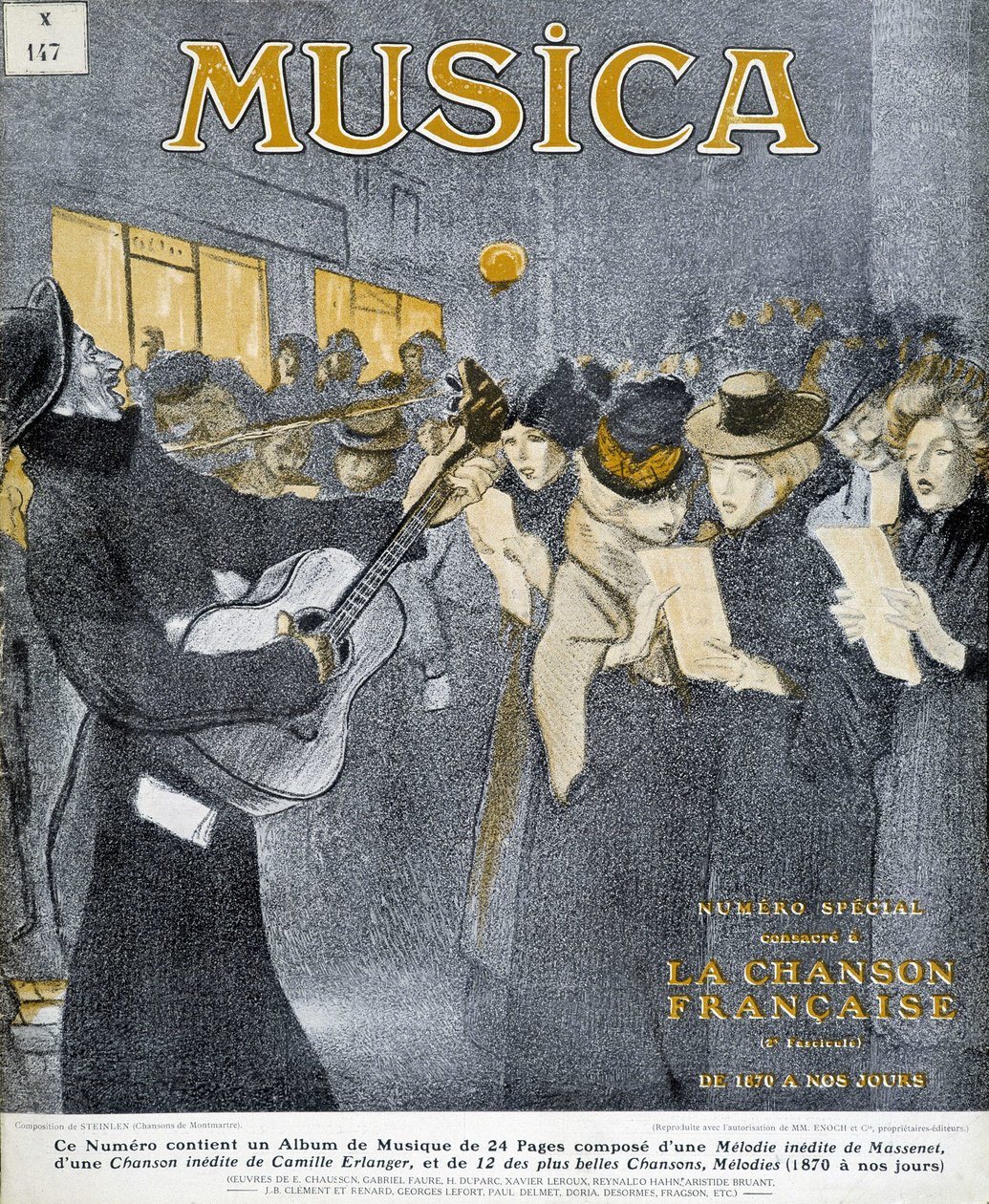 蒙马特夜间派对。 Steinlen 为 1908 年 11 月的“音乐”杂志封面。 作者 西奥菲勒·亚历山大·斯坦伦