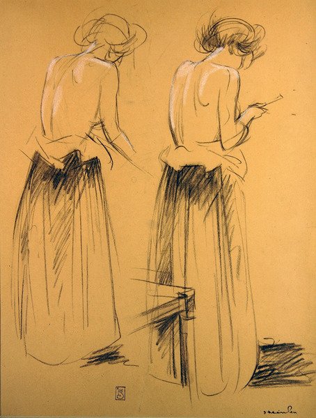 两幅从背后看女人的研究（纸上粉笔画） 作者 西奥菲勒·亚历山大·斯坦伦