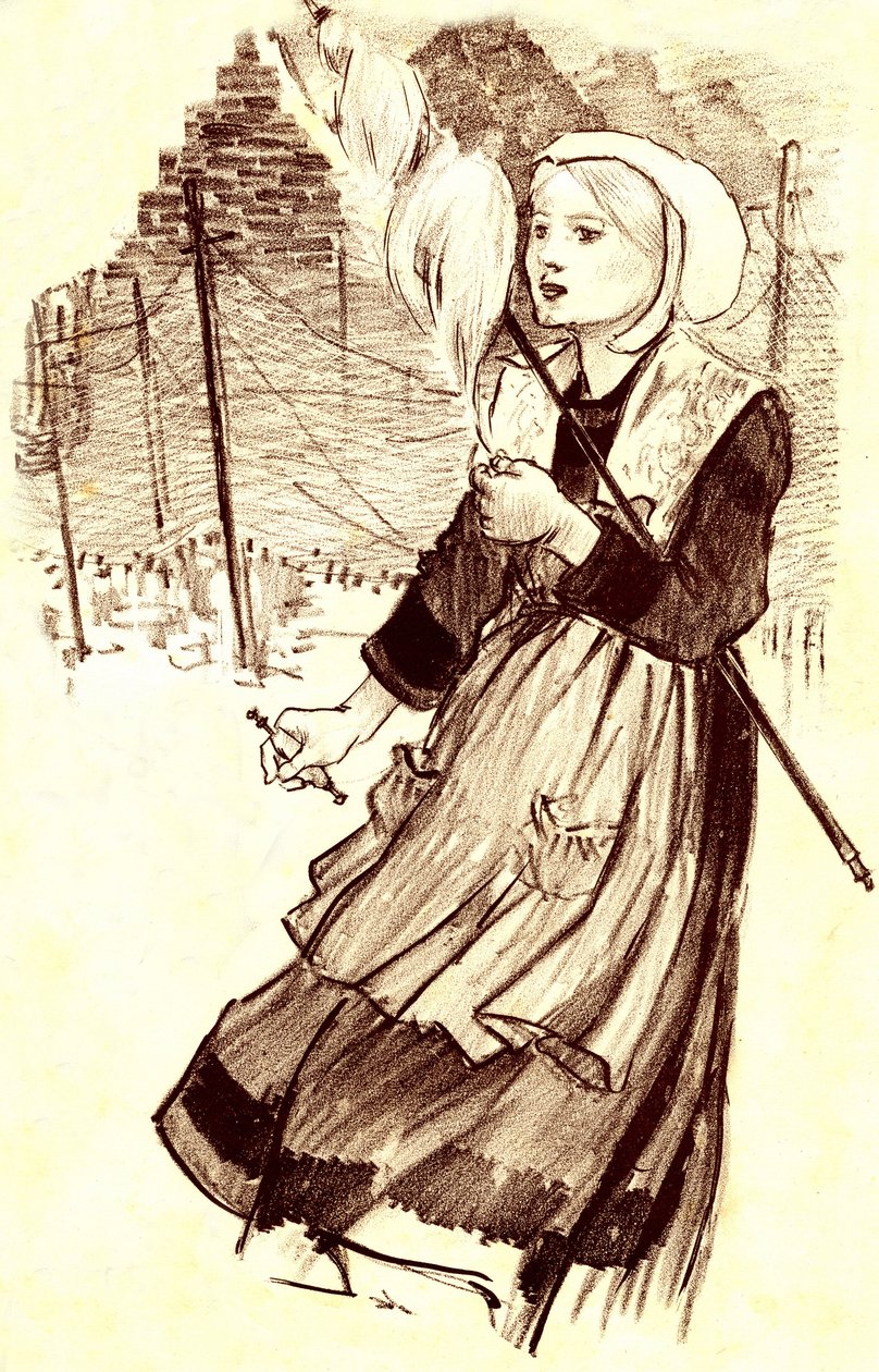 年轻的村民--纺纱工--斯坦伦(1859-1923)为 "为什么会有锉刀？"这首歌绘制的图画（细节）。"--19世纪末 作者 西奥菲勒·亚历山大·斯坦伦