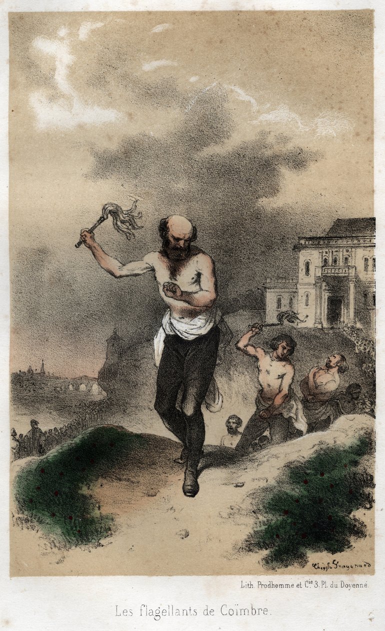 科英布尔的鞭笞者：葡萄牙科英布拉的耶稣会士在 1560 年左右通过鞭打公开忏悔他们的罪过。 1845 年刻在“”中的耶稣会士从成立至今的戏剧性和风景如画的历史 作者 Theophile Evariste Fragonard