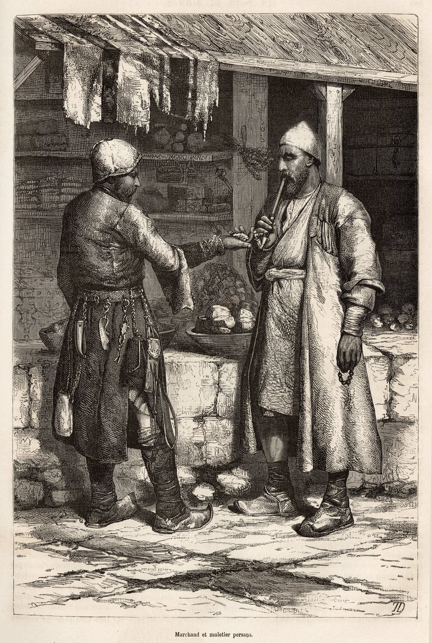 A Persian merchant and mule maker in a village of Armenia, engraving after a drawing by the author, illustrating the journey in Lazistan and Armenia, by Theophile Deyrolles, in 1869, published in “” Le tour du monde”” 1875, edited by Edouard Charton, Hache 作者 西奥菲尔·路易斯·德罗尔