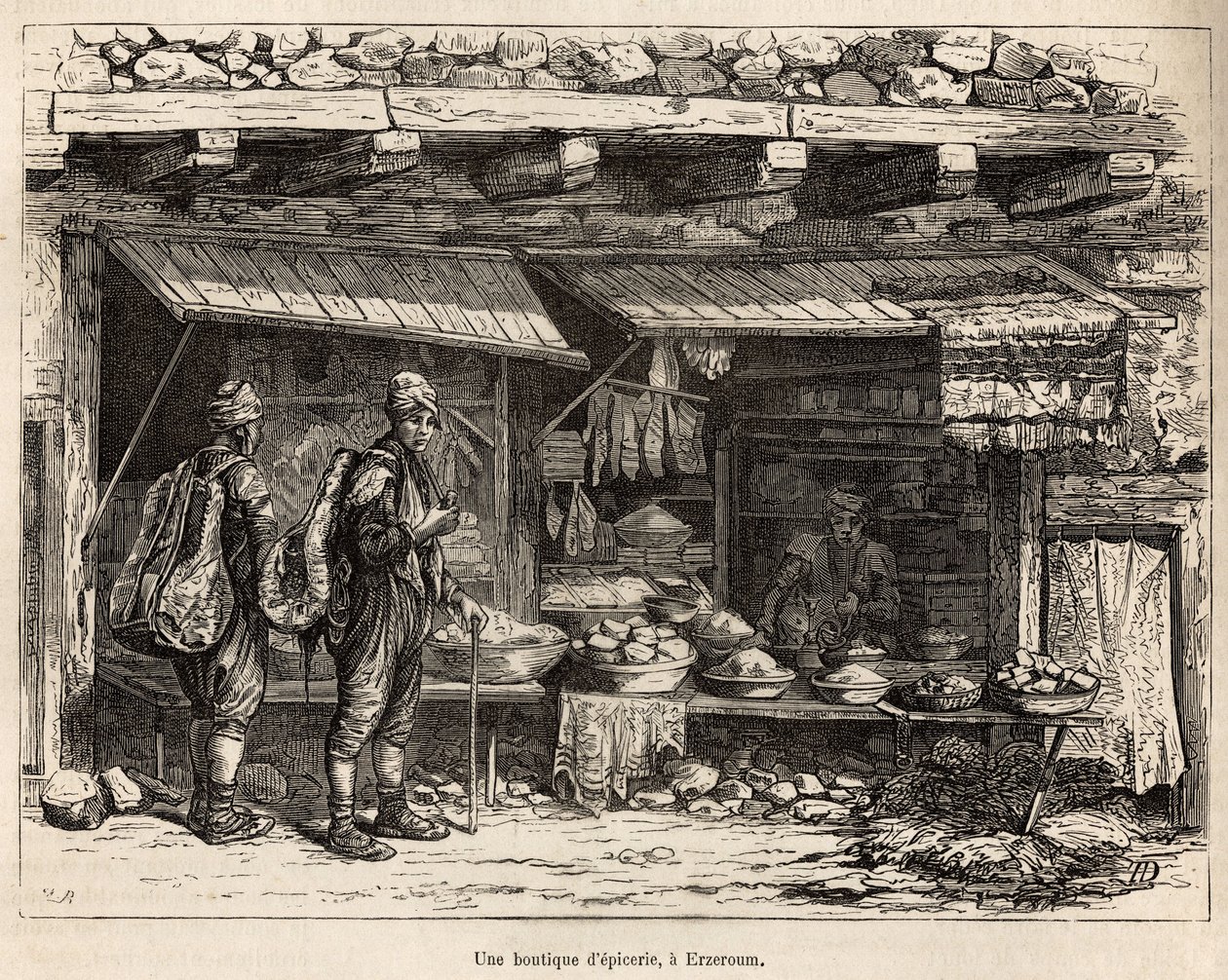 Erzeroum（亚美尼亚）的一家杂货店，由作者绘制，描绘了在拉齐斯坦和亚美尼亚的旅程，由 Theophile Deyrolles 于 1869 年出版，发表于 1875 年的“Le tour du monde””，由 Edouard Charton 编辑， 阿歇特版，巴黎。 作者 西奥菲尔·路易斯·德罗尔