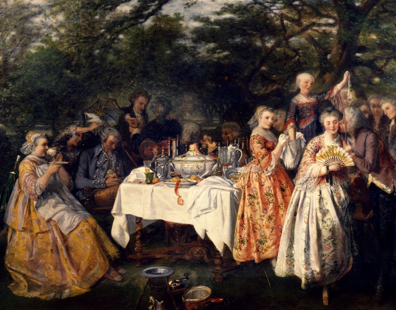 斯特拉斯堡郊外客栈花园中的郊外野餐，Theophile Schuler（1821-1878 年）作，约 1750 年 作者 西奥菲尔·舒勒