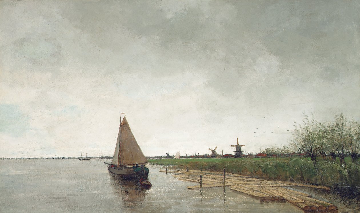 有船只的河流景观，远处的城市（布面油画） 作者 西奥菲·德·博克（Theophile de Bock）