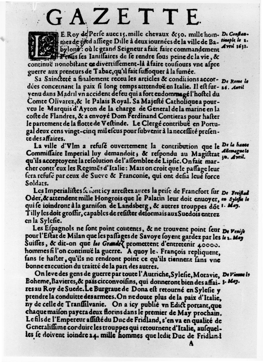 “La Gazette”中的文字页面描述波斯国王对巴比伦附近城镇的围困，1632年 作者 苏菲拉德·雷诺多特