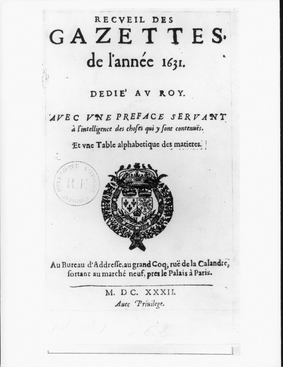 1632年第一个&39;La Gazette&39;系列的标题页 作者 苏菲拉德·雷诺多特