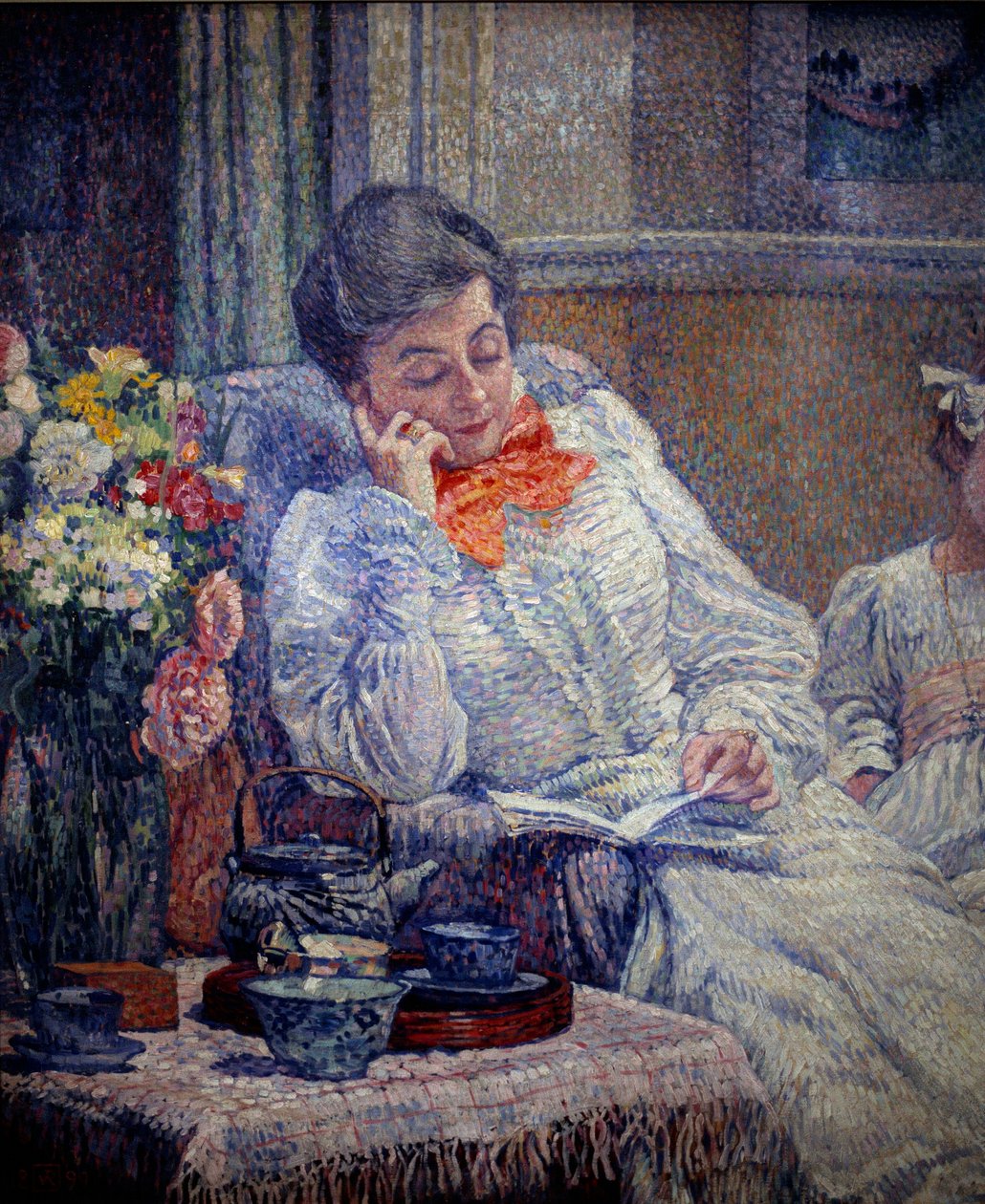 Belle epoque: “” Woman Reading”” Painting by Theodore Van Rysselberghe (1862-1926) 1899 Brussels, Royal Museum of Fine Arts 作者 范·雷塞尔伯格（Théovan Rysselberghe）