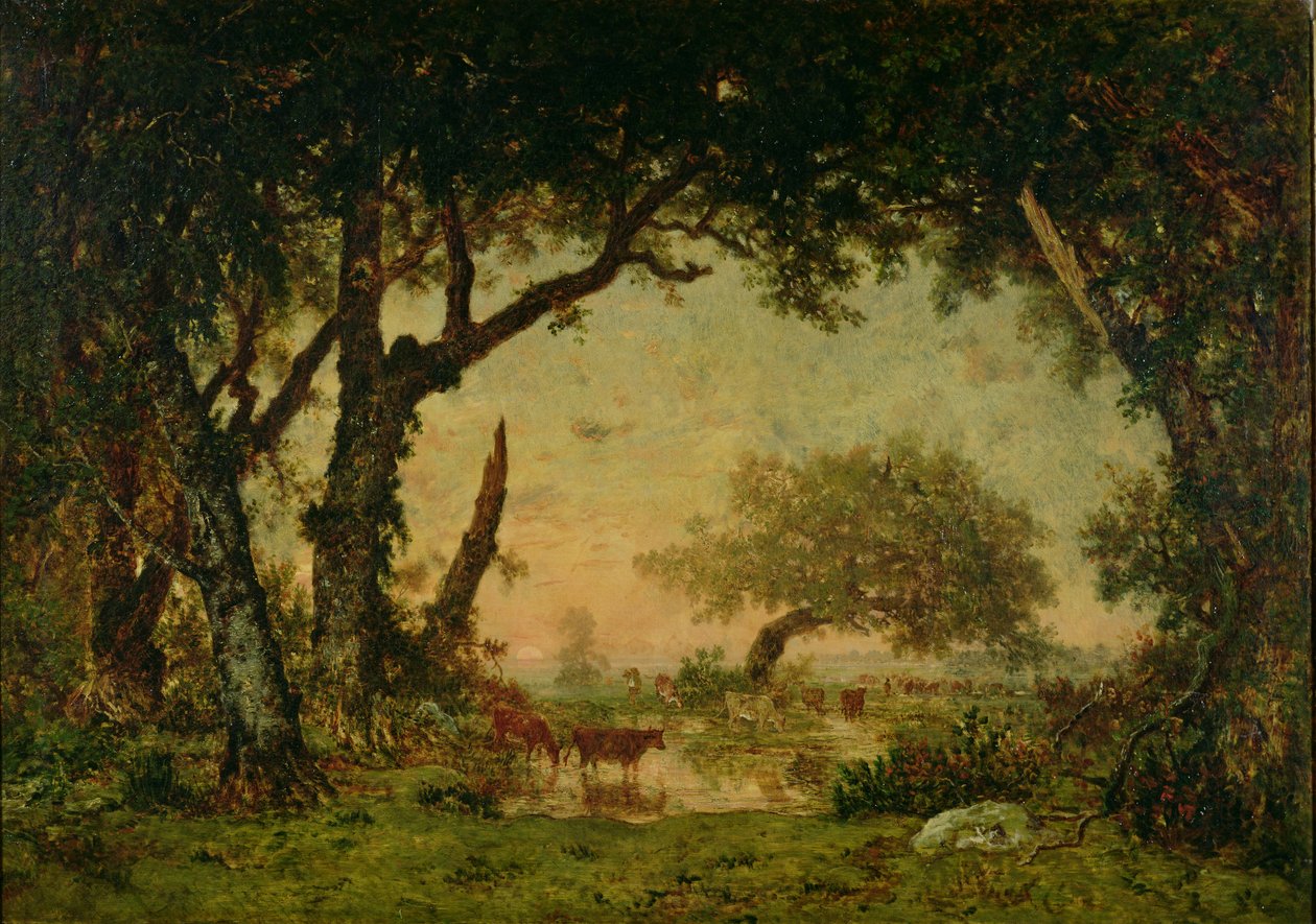 枫丹白露森林的边缘，落日，1850-51 作者 皮埃尔·艾蒂安·西奥多·卢梭