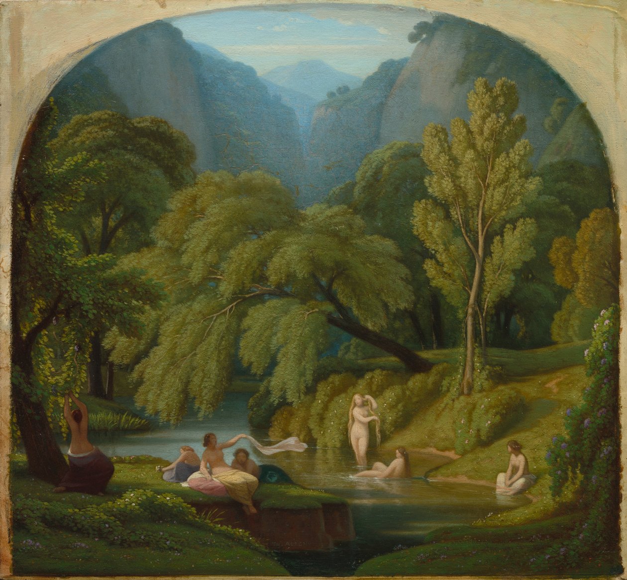 浴者，蒂沃利阿尼奥河岸纪念品，约 1860-61 年（木板油画） 作者 Theodore Caruelle d'Aligny