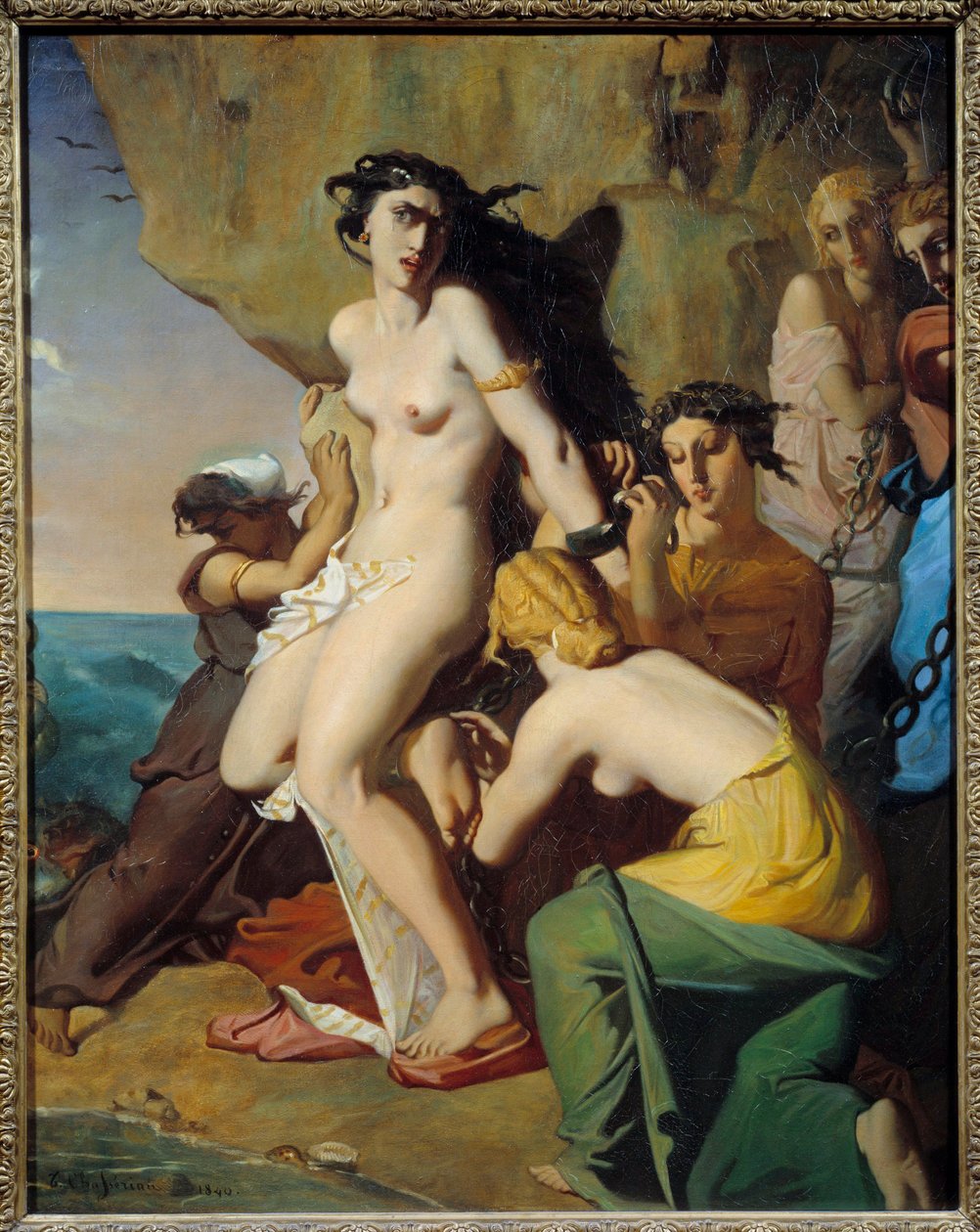 仙女座被 Nereides 附在岩石上，西奥多·沙塞里奥 (Theodore Chasseriau) 的绘画 (1819-1856) 作者 蒂奥多·切塞留