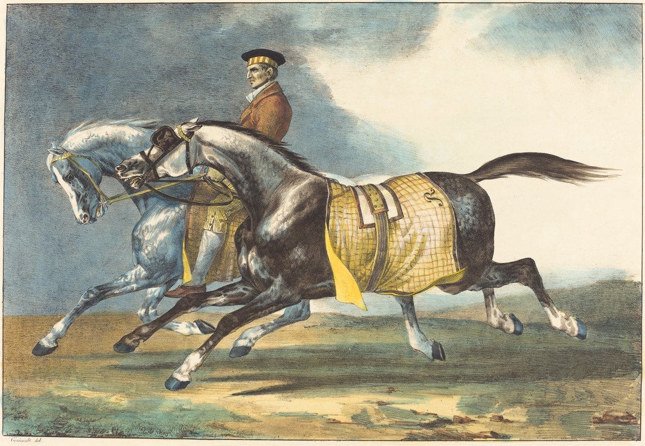 两匹斑驳的灰色马在锻炼身体 作者 Théodore Gericault 和 Léon Cogniet