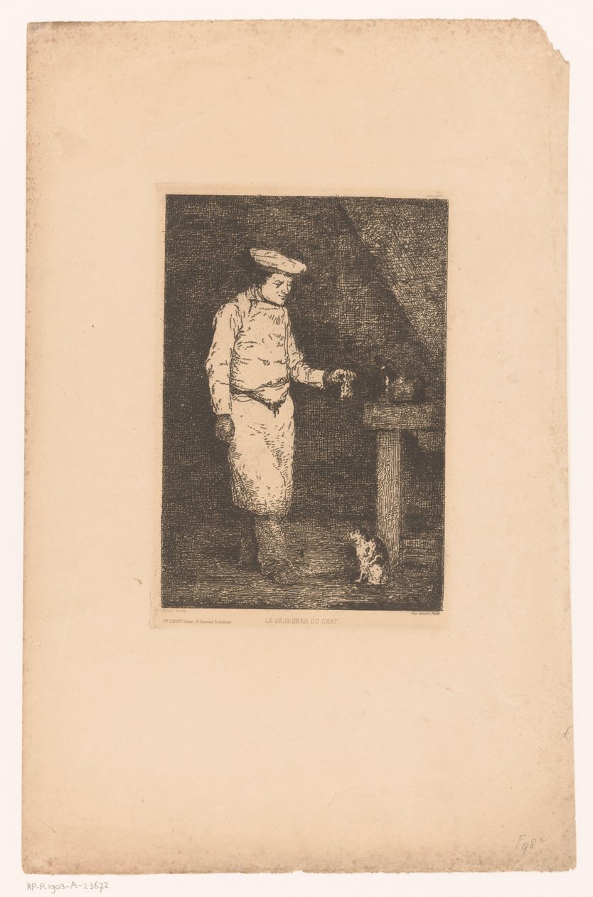 黑暗的室内，厨师举着一块肉给猫吃
Le déjeuner du chat（物品上的标题）
Eaux-Fortes Modernes: Originales et Inédites（系列标题） 作者 西奥杜勒·奥古斯丁·里博特