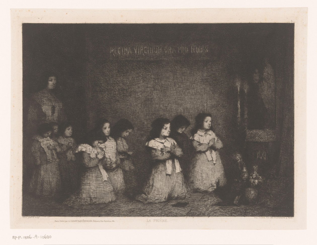 一群女孩在圣母玛利亚雕像前祈祷
La Prière（物品上的标题）
Eaux-Fortes Modernes: Originales et Inédites（系列标题） 作者 西奥杜勒·奥古斯丁·里博特