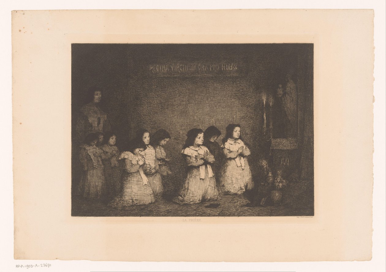一群女孩在圣母玛利亚雕像前祈祷
La Prière（物品上的标题）
Eaux-Fortes Modernes: Originales et Inédites（系列标题） 作者 西奥杜勒·奥古斯丁·里博特