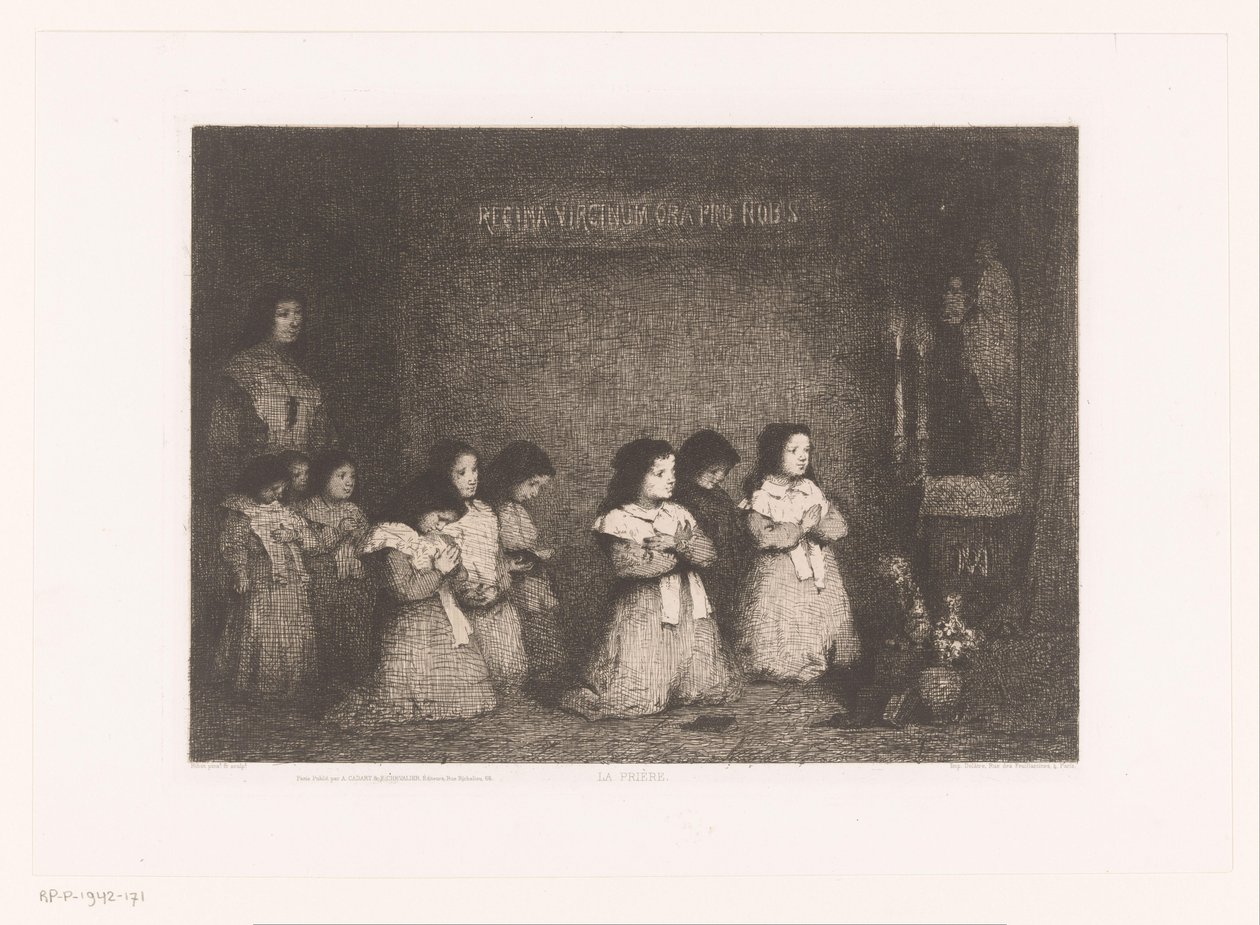 一群女孩在圣母玛利亚雕像前祈祷
La Prière（物品上的标题）
Eaux-Fortes Modernes: Originales et Inédites（系列标题） 作者 西奥杜勒·奥古斯丁·里博特