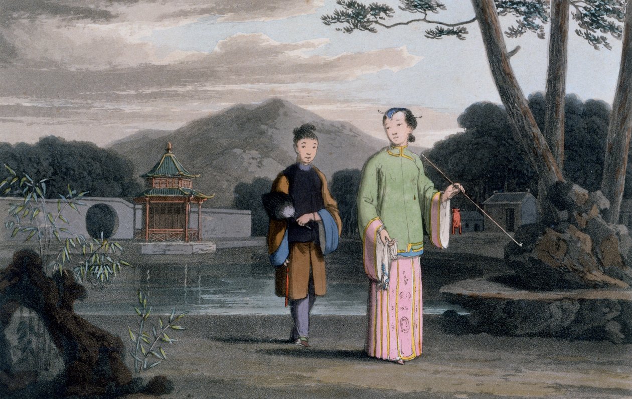 中国女士与背景中的亭子，从&39;一个风景如画的印度之旅，通过中国的方式&39;，1810年 作者 托马斯和威廉丹尼尔