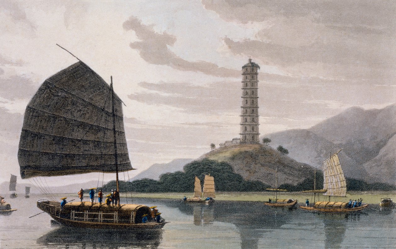 Wham Poa Pagoda，船只在前面航行，来自“中国之路的风景如画之旅”，1810年 作者 托马斯和威廉丹尼尔