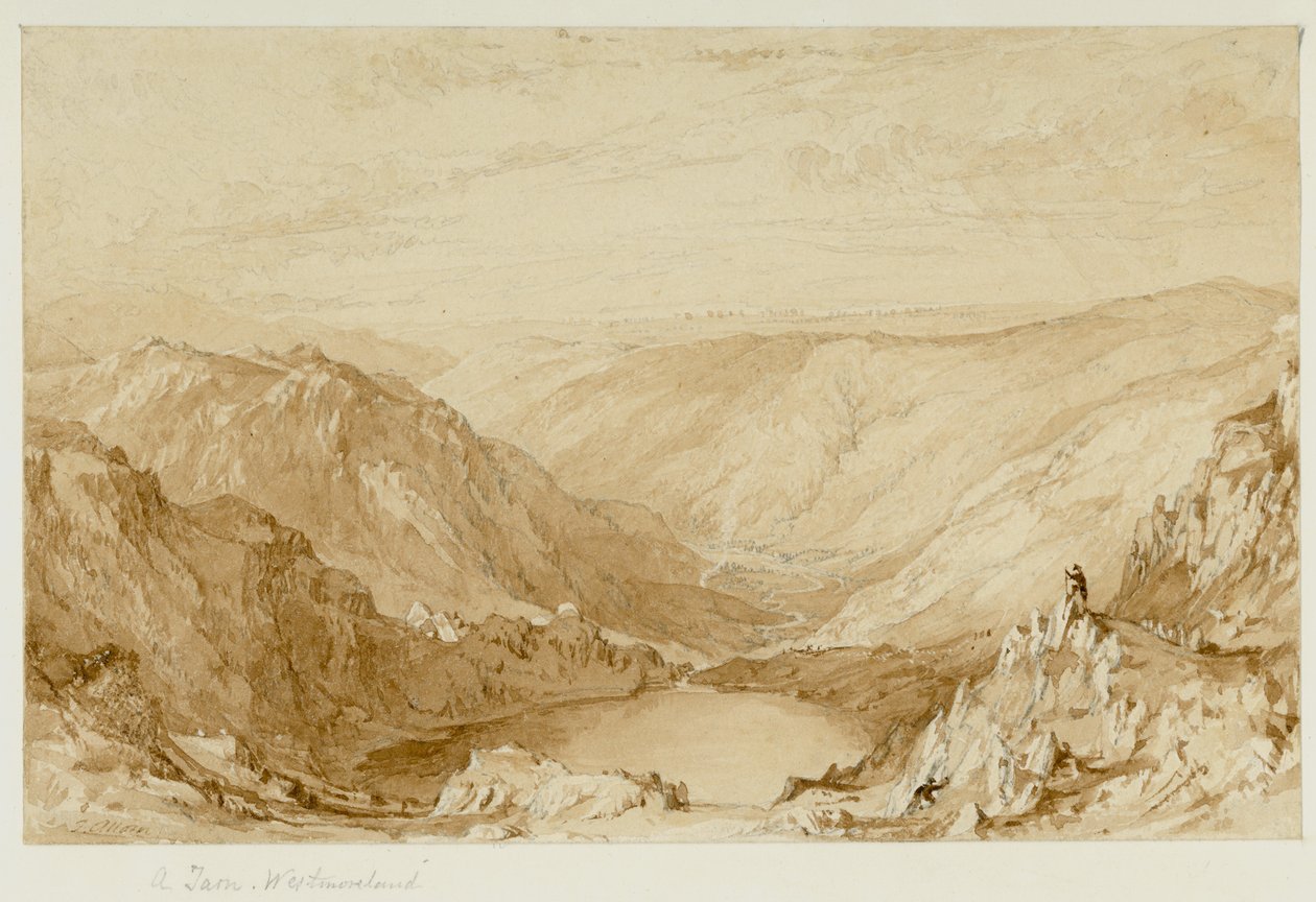 Tarn，Westmorland（来自Nanbield的小水塔，看着Mardale）（铅笔和水彩画（棕褐色）在纸上） 作者 托马斯·阿隆