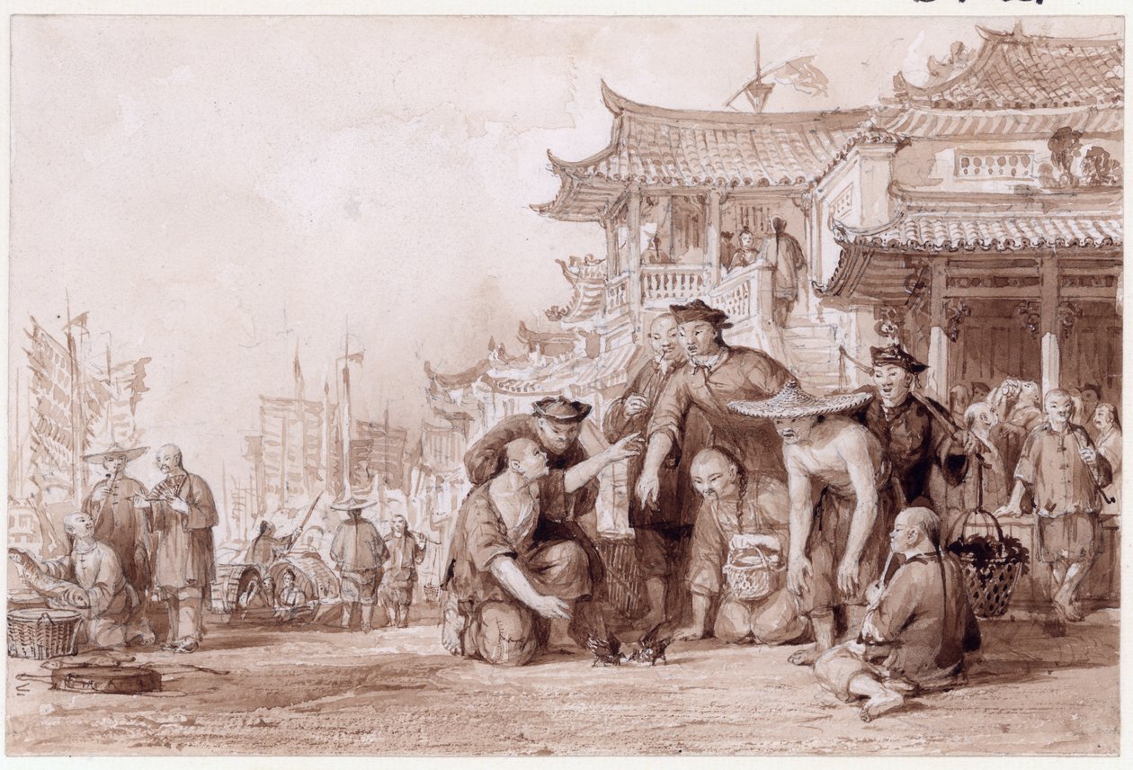 广州Bargemen战斗鹌鹑，1843年（墨水和铅笔在纸上） 作者 托马斯·阿隆