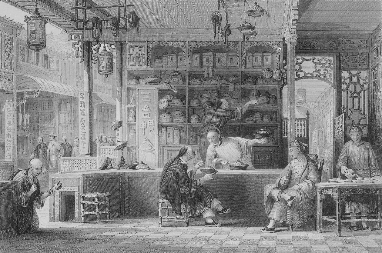 乔治·纽恩汉姆·赖特（George Newenham Wright），1843年，来自&39;中国的一系列观点&39;的Cap Vendor&39;s Shop，Canton 作者 托马斯·阿隆