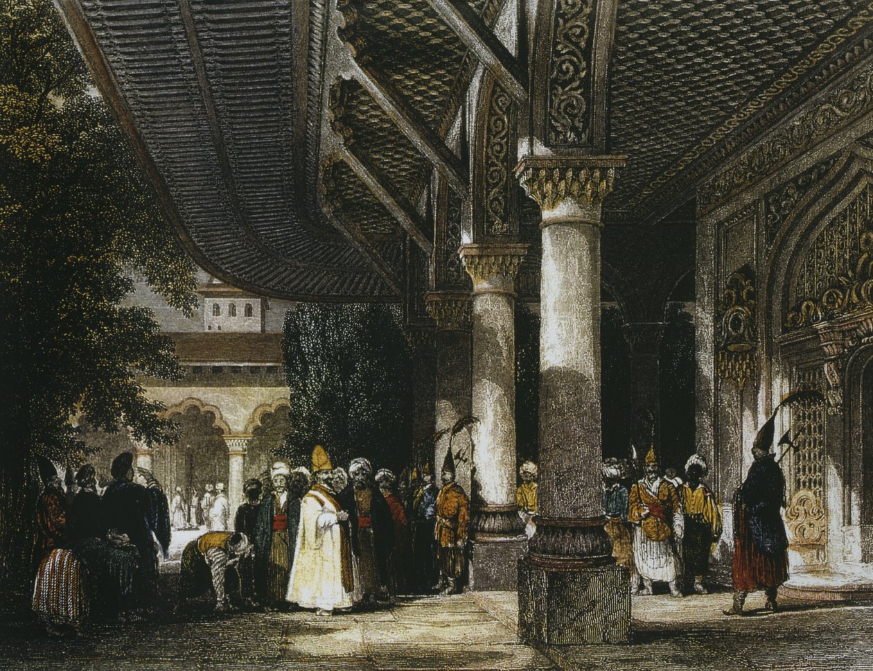 托普卡匹宫的内部与Felicity门（Bab-i-Saadet）伊斯坦布尔，1839年（彩色雕刻） 作者 托马斯·阿隆