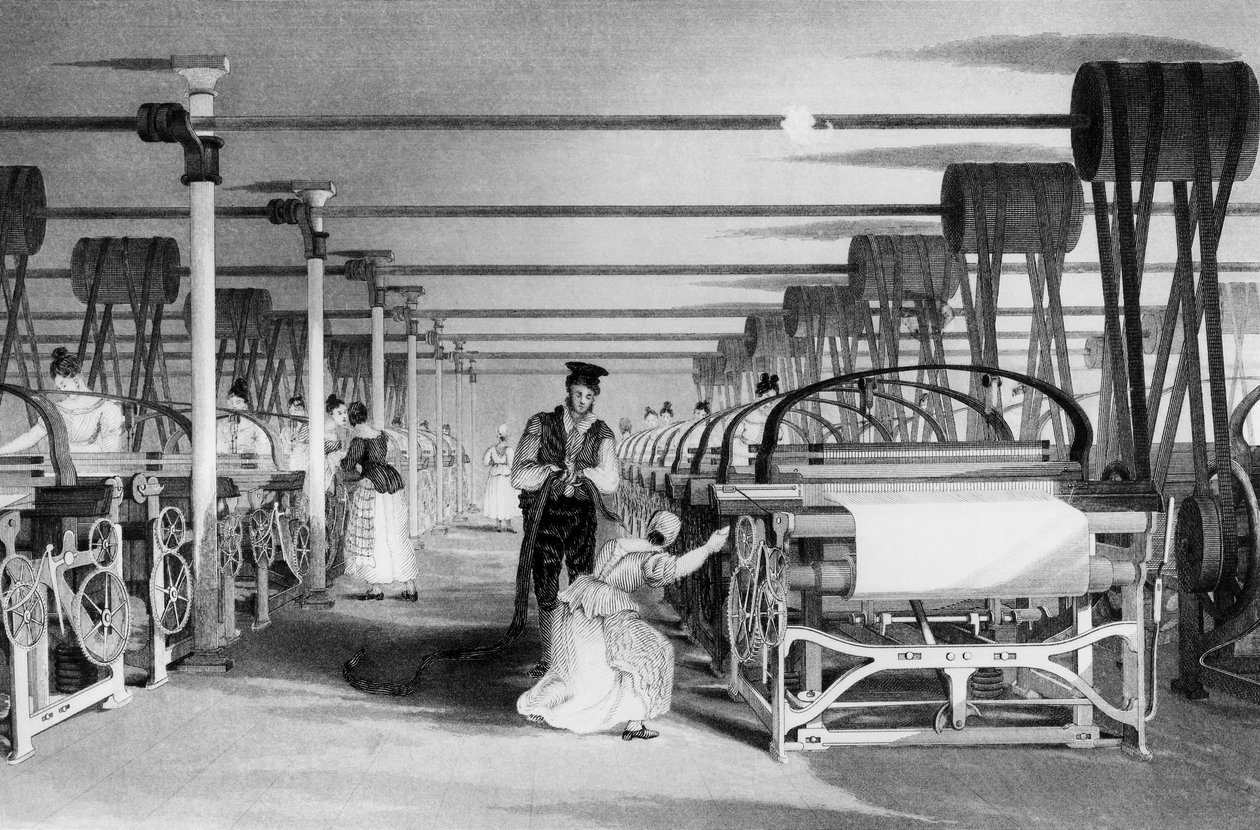Power Loom Weaving，由J. Tingle，1835年雕刻而成 作者 托马斯·阿隆