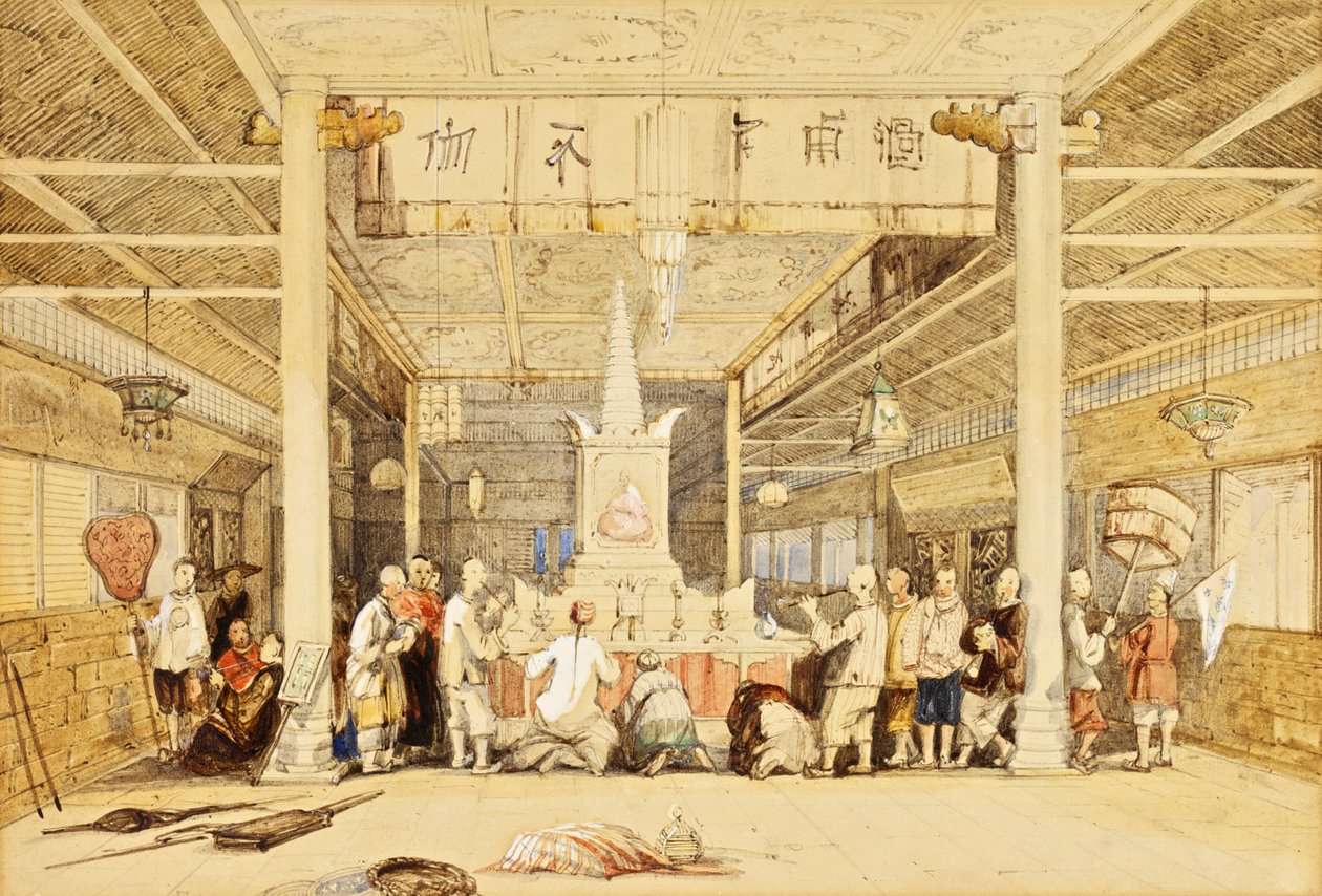 佛教寺庙，广州，1850年（钢笔墨水，铅笔，洗，用白纸加高） 作者 托马斯·阿隆