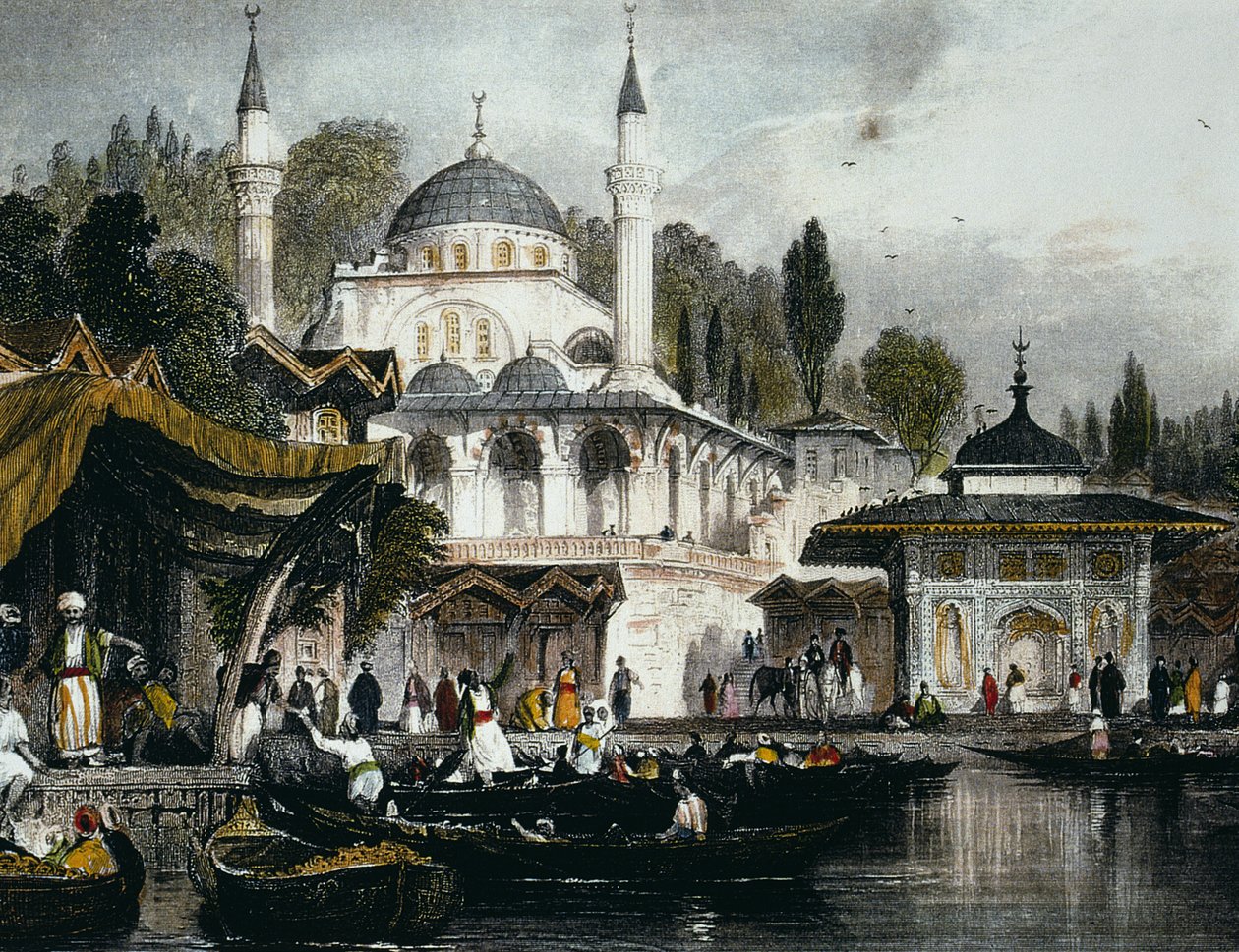 位于博斯普鲁斯海峡安纳托利亚海岸的Uskudar的Mihrimah Sultan清真寺，面向伊斯坦布尔，1839年（彩色雕刻） 作者 托马斯·阿隆