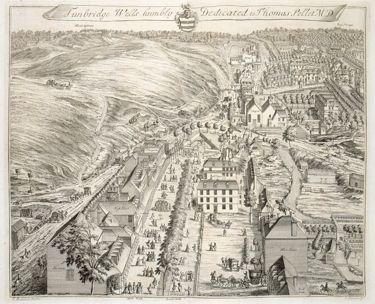 Tunbridge Wells，来自肯特郡的“三十六个不同的贵族和绅士座位”，作者：Thomas Badeslade（1718-50），由Johannes Kip（c.1652-1722）镌刻，出版于1750年（en 作者 托马斯·巴德斯莱德（Thomas Badeslade）