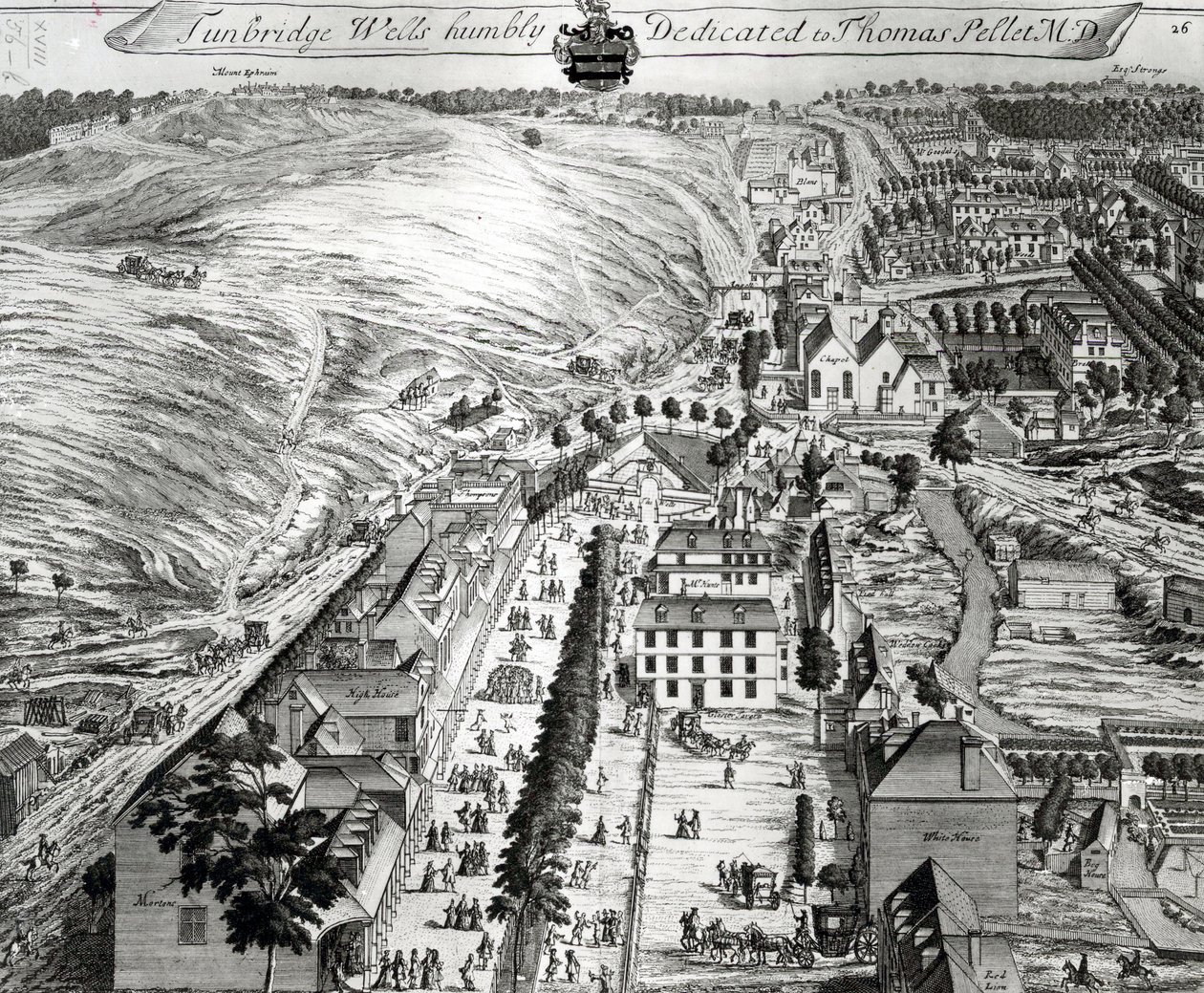 Tunbridge Wells，来自肯特郡的“三十六个不同的贵族和绅士座位”，作者：Thomas Badeslade（1718-50），由Johannes Kip（c.1652-1722）镌刻，出版于1750年（en 作者 托马斯·巴德斯莱德（Thomas Badeslade）