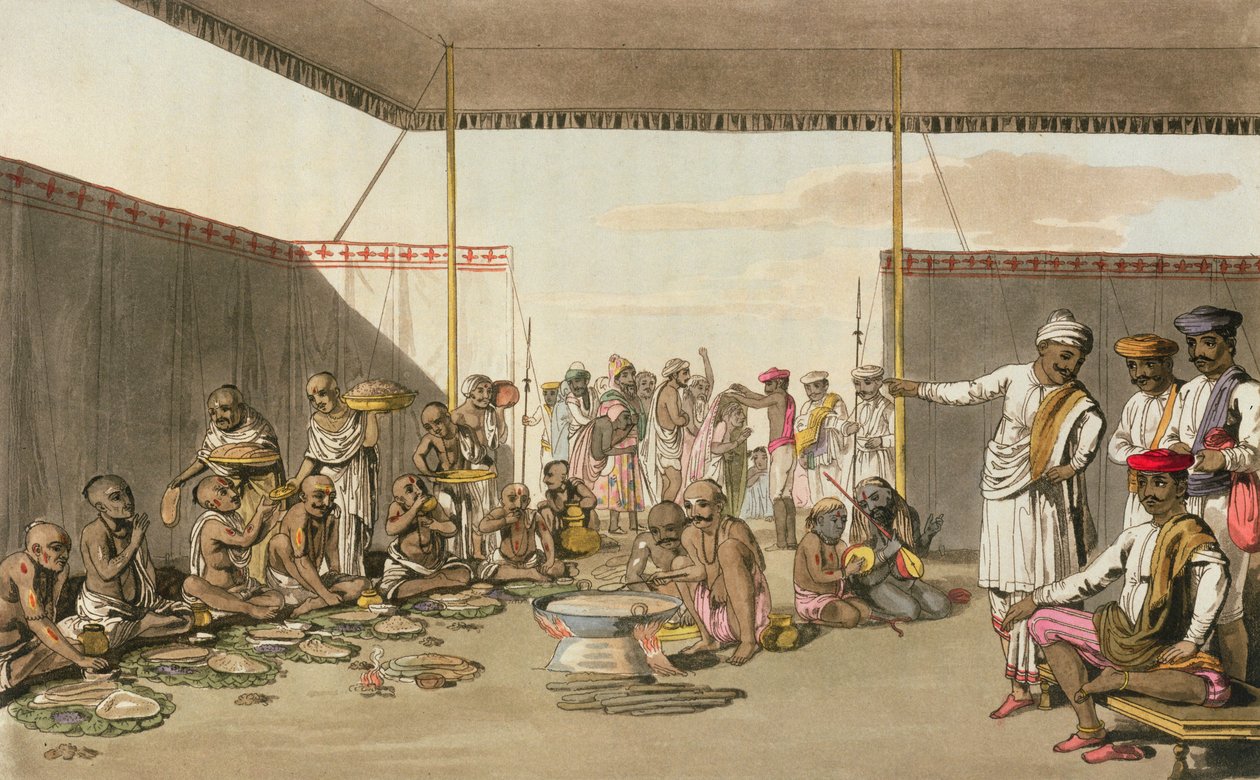 一个Marratta Surdar娱乐Brahmuns，来自&39;A Mahratta Camp&39;，1813年4月5日（彩色雕刻） 作者 托马斯·巴克斯特