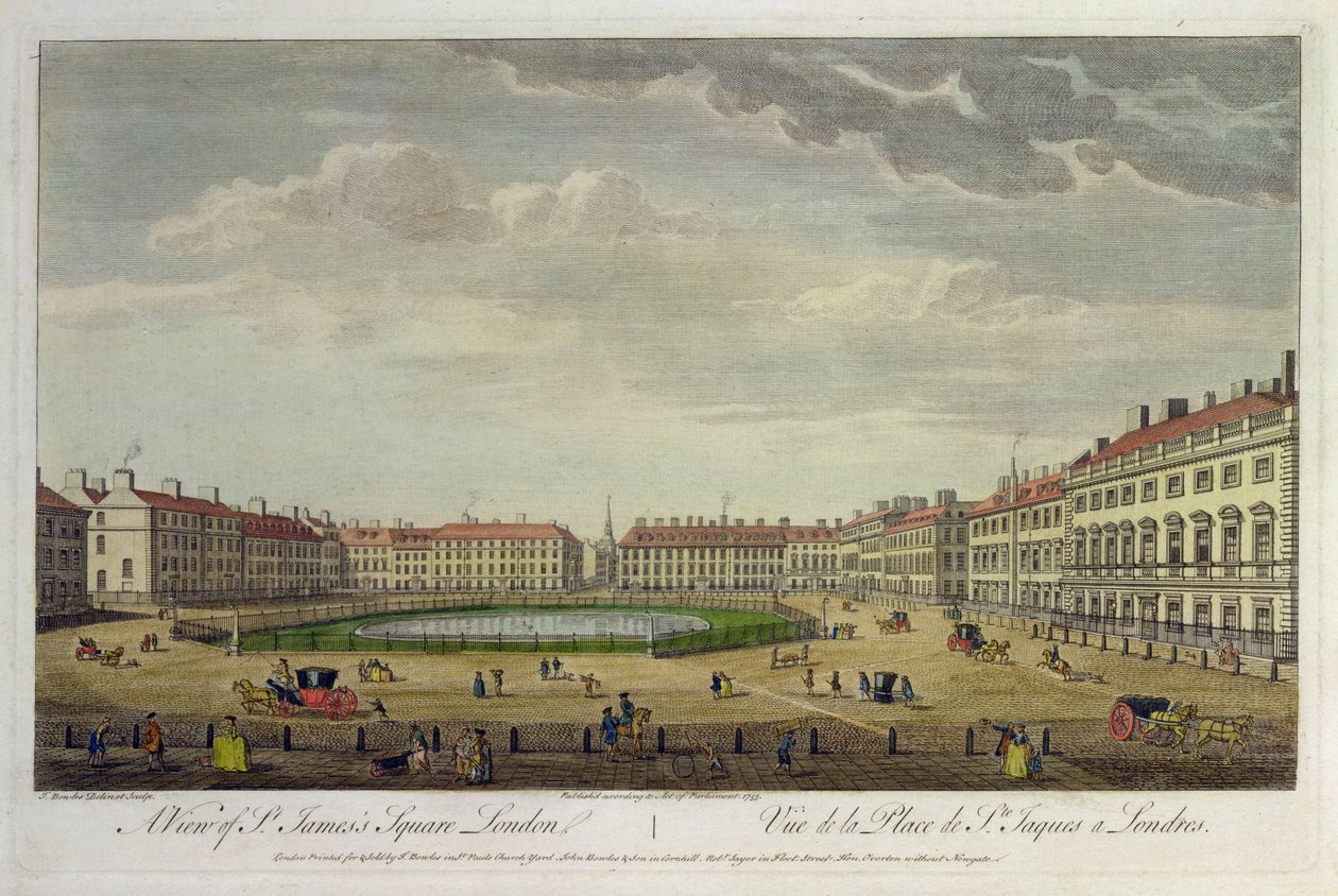 伦敦圣詹姆斯广场景观，1753年（手工彩色雕刻） 作者 托马斯·鲍尔斯（Thomas Bowles）