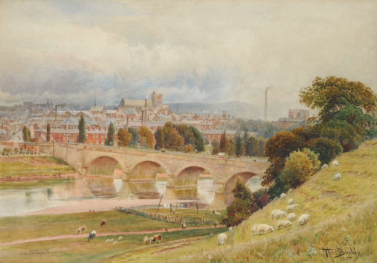 来自Rickerby Park的Carlisle，在她的Majestys Diamond Jubilee年，1897年（纸上写着） 作者 托马斯·布什比