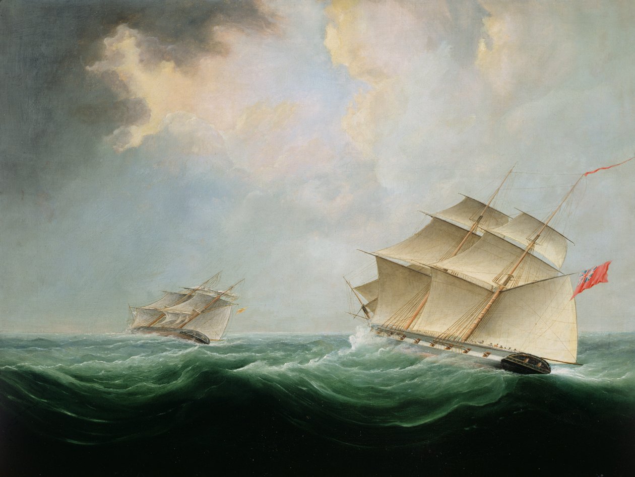 海军双桅船追逐另一个双桅船 作者 托马斯·巴特沃斯（Thomas Buttersworth）