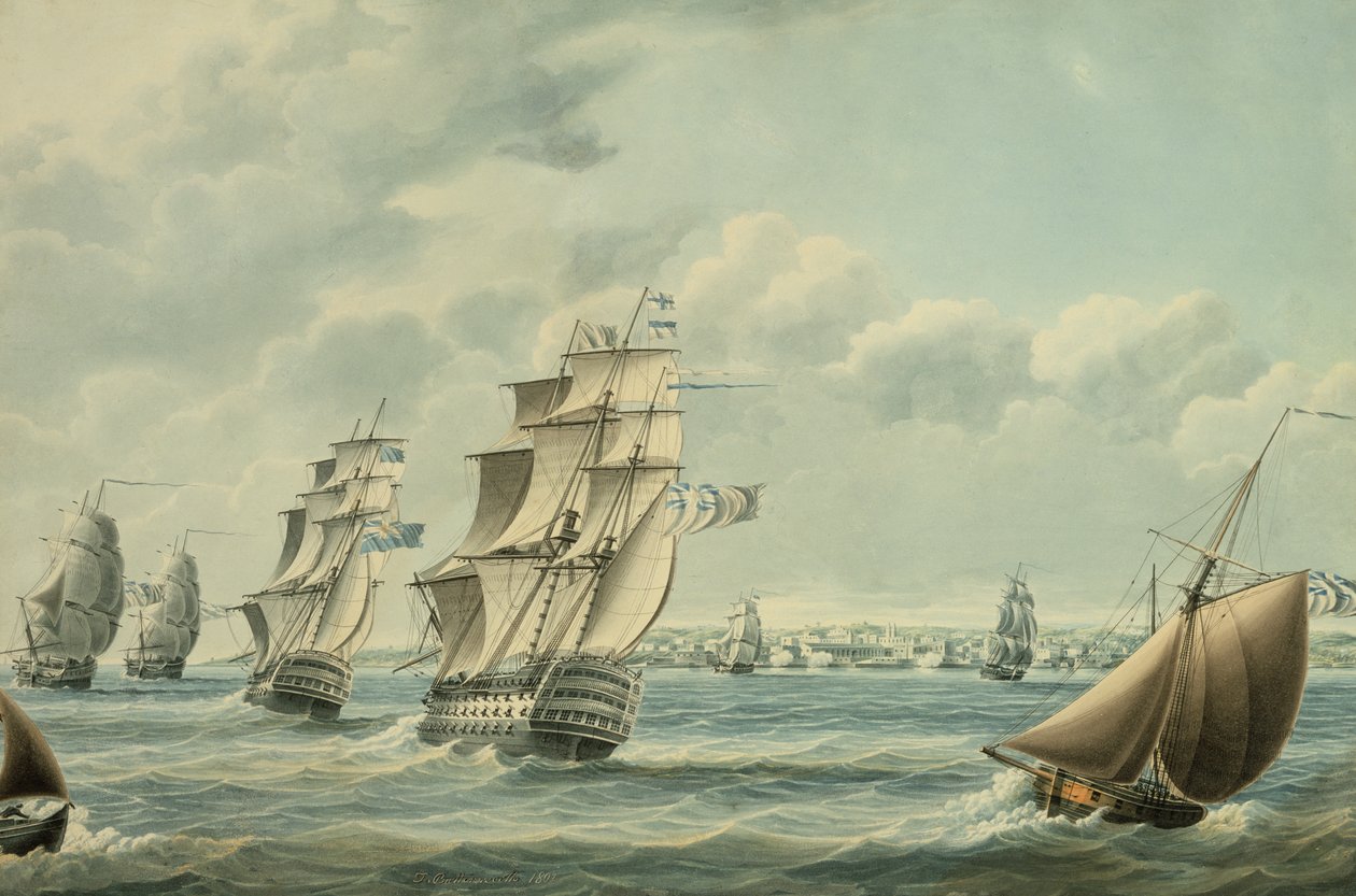 英国船只于1797年，1797年封锁加的斯（纸上写着） 作者 托马斯·巴特沃斯（Thomas Buttersworth）