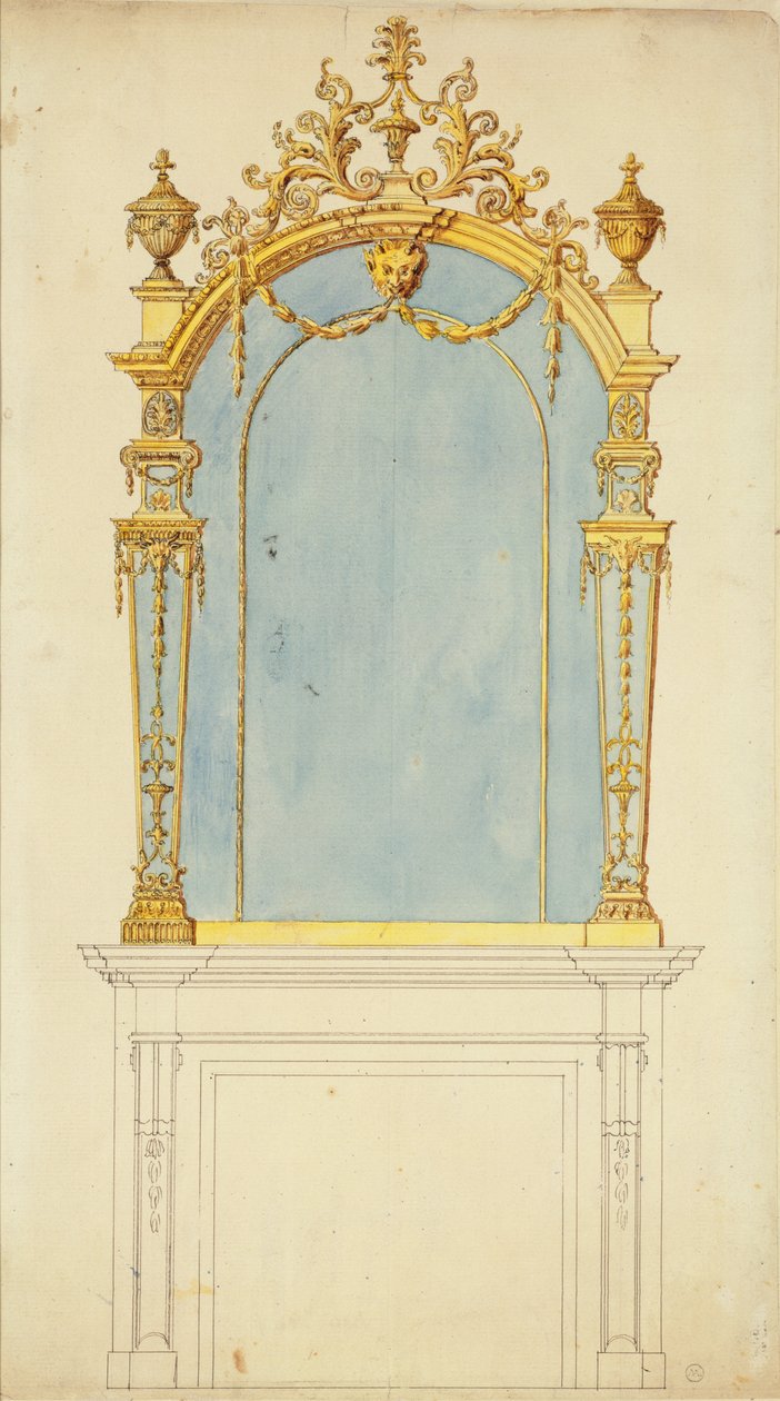 设计用于镀金木镜子，c.1765-70（笔和墨水在纸上用wc） 作者 托马斯·奇彭代尔
