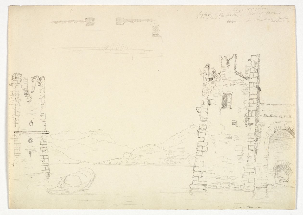 阿罗纳古色古香的港口，Lago Maggiore，1842年（编织纸上的石墨铅笔） 作者 托马斯·科尔