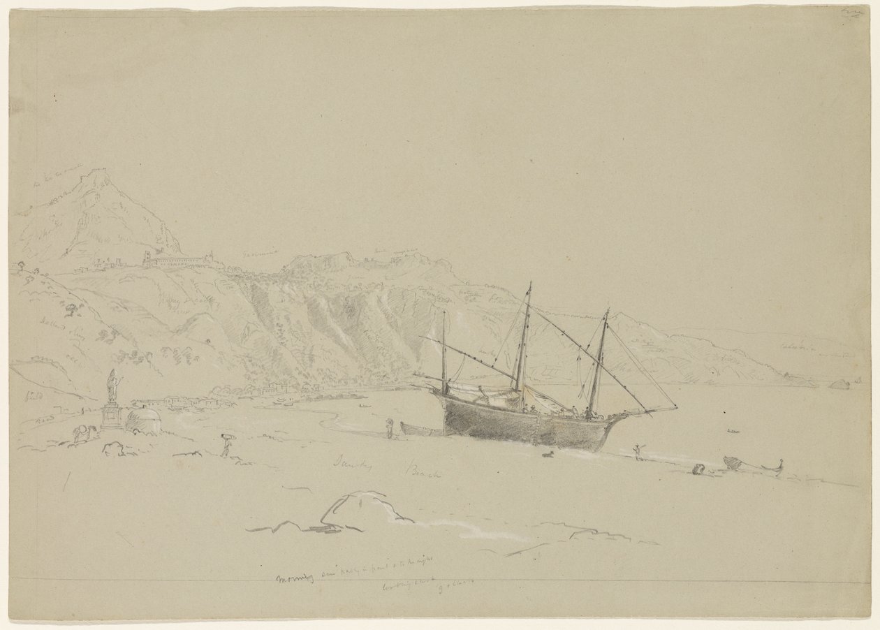 船在1842年西西里岛陶尔米纳附近的海滩上（铅笔在纸上用白色粉笔加高） 作者 托马斯·科尔