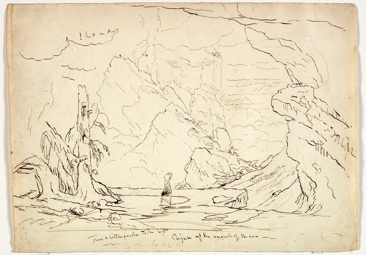 洞穴中的以利亚，c.1829（笔墨在纸上的石墨） 作者 托马斯·科尔