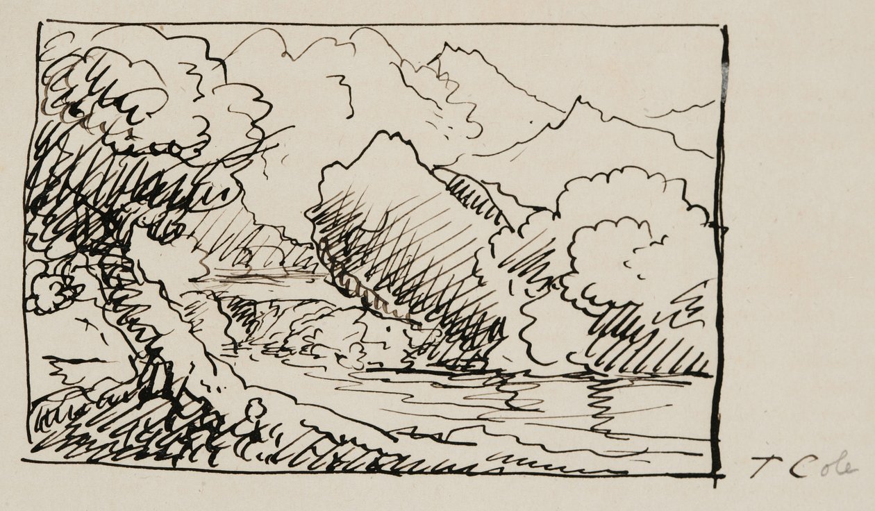 风景素描，1841年（奶油编织纸上的钢笔和黑色墨水） 作者 托马斯·科尔