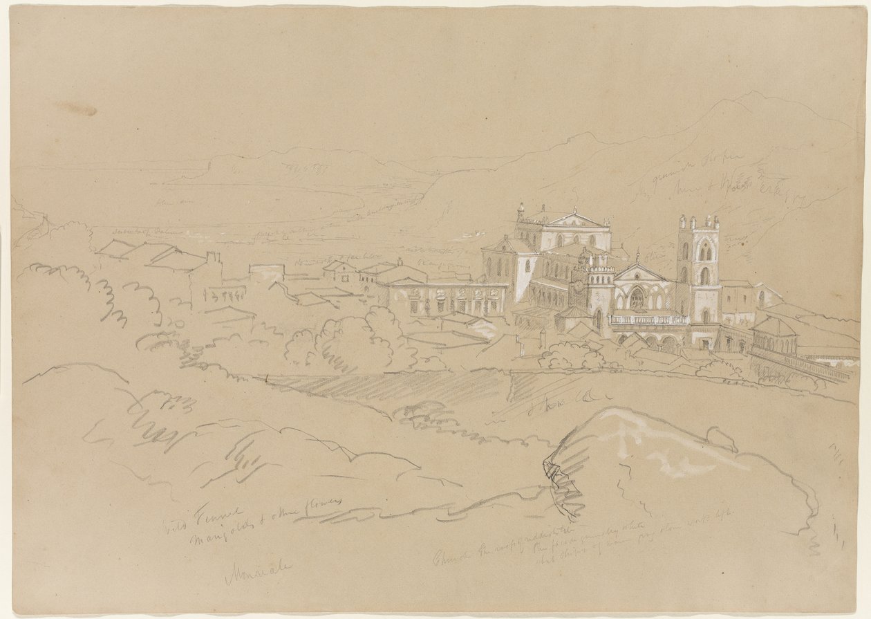 蒙雷阿莱，西西里岛，1842年（铅笔在纸上用白色粉笔加高） 作者 托马斯·科尔