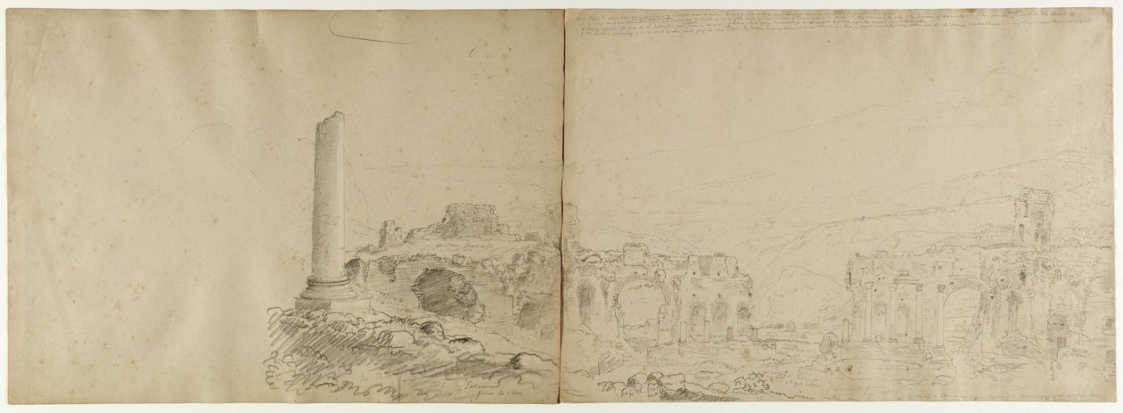埃特纳火山从西西里岛的陶尔米纳，1842年（铅笔在纸上用白色粉笔加高） 作者 托马斯·科尔
