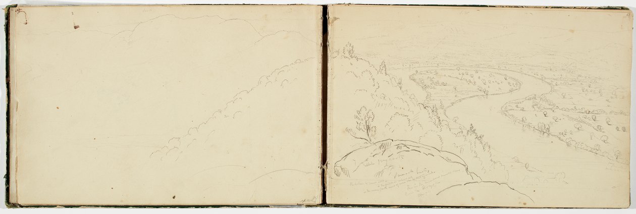 从霍利奥克山看到的康涅狄格河上的Oxbow的全景，1833年（在编织纸上的石墨铅笔） 作者 托马斯·科尔
