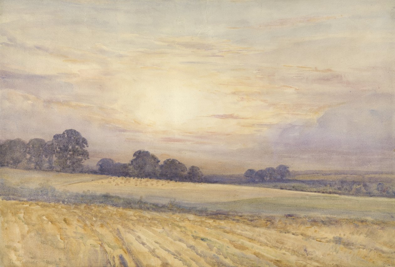 在日落时的风景，c.1891（纸上的wc） 作者 托马斯·科利尔
