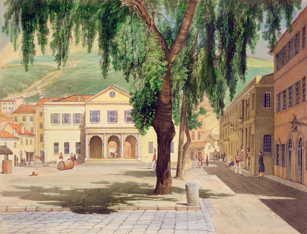商业广场，商业图书馆和主要卫队，直布罗陀市，1845年JM Carter在“直布罗陀的岩石和堡垒选择景观”中有所说明（另见22966） 作者 托马斯·科尔曼·迪布丁