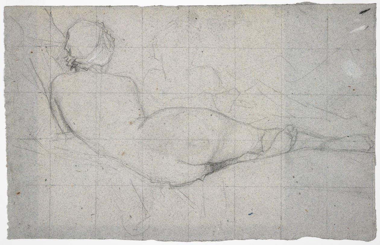 卧式女裸体和第二个女性形象的部分研究，c.1855-60（蓝灰色纸上的黑色和白色粉笔） 作者 托马斯·库蒂（Thomas Couture）