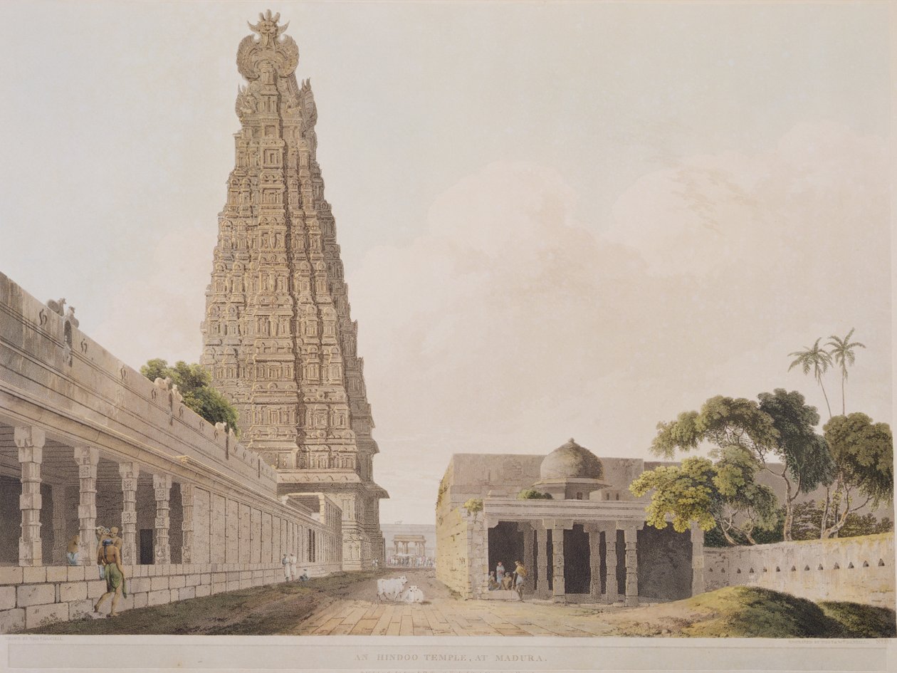 Madura的Hindoo Temple，1798年出版的东方风景板XVI（彩色aquatint） 作者 托马斯·丹尼尔