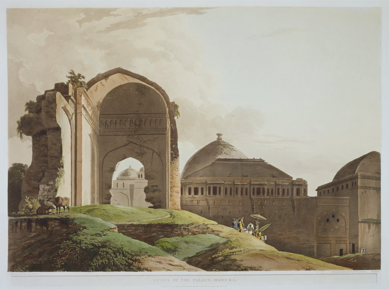 宫殿遗址，马杜拉，东方风景第2部分的第17块板块，由艺术家和William Daniell（1769-1837）1798（aquatint）雕刻而成 作者 托马斯·丹尼尔