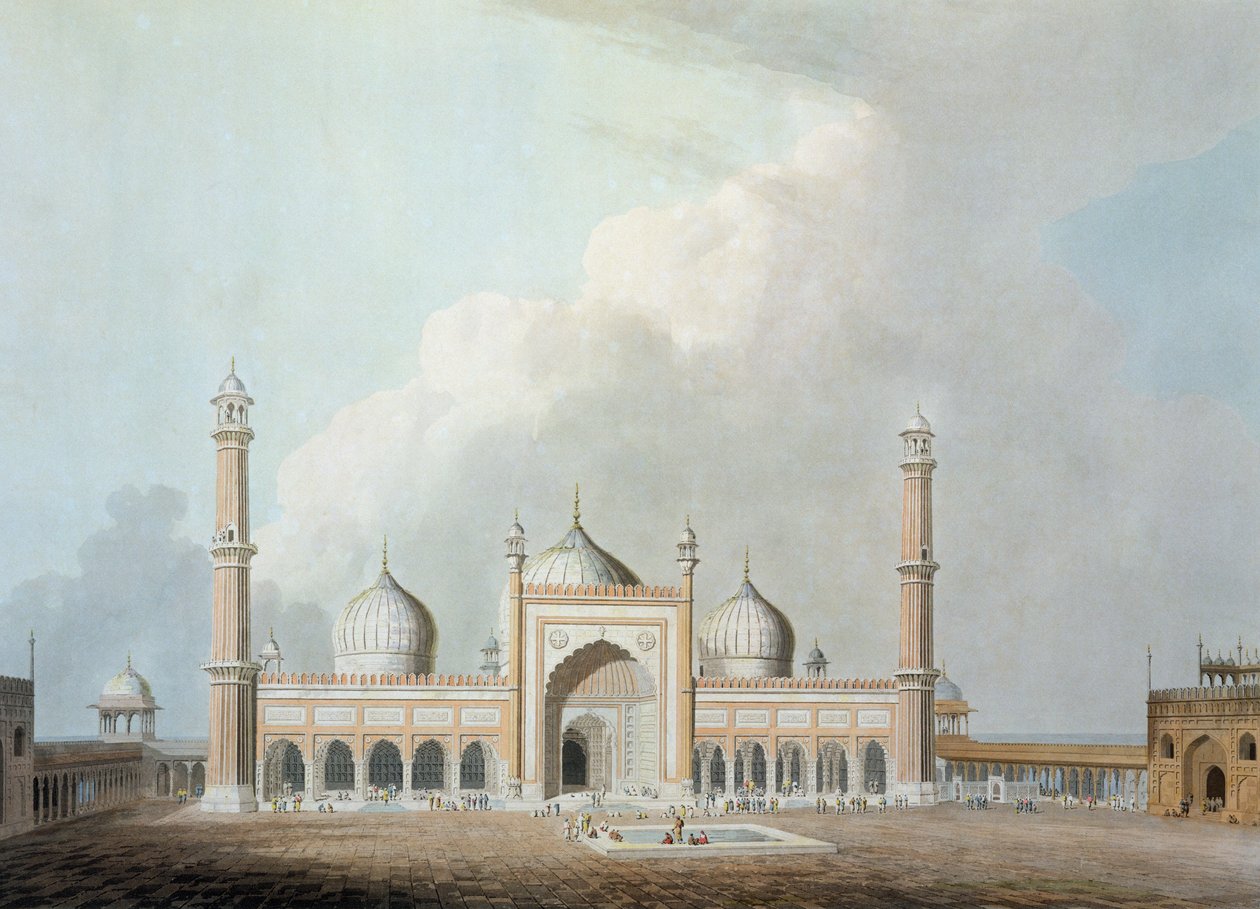 德里的Jummah Musjed，来自“东方风光”的第二十三版，于1797年出版（彩色aquatint） 作者 托马斯·丹尼尔